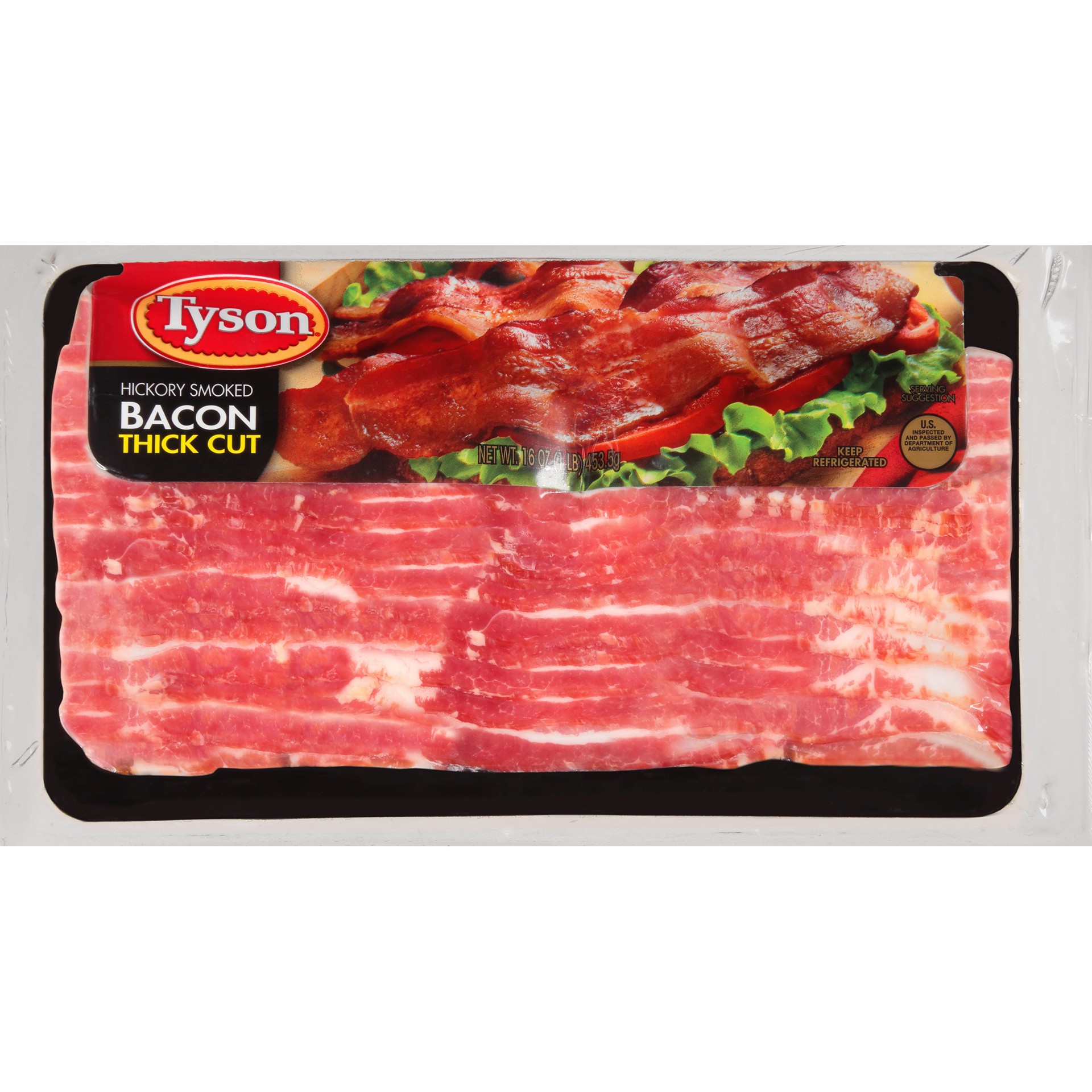 slide 1 of 8, Tyson Hickory Smoked Thick Cut Bacon, 16 oz., 453.59 g