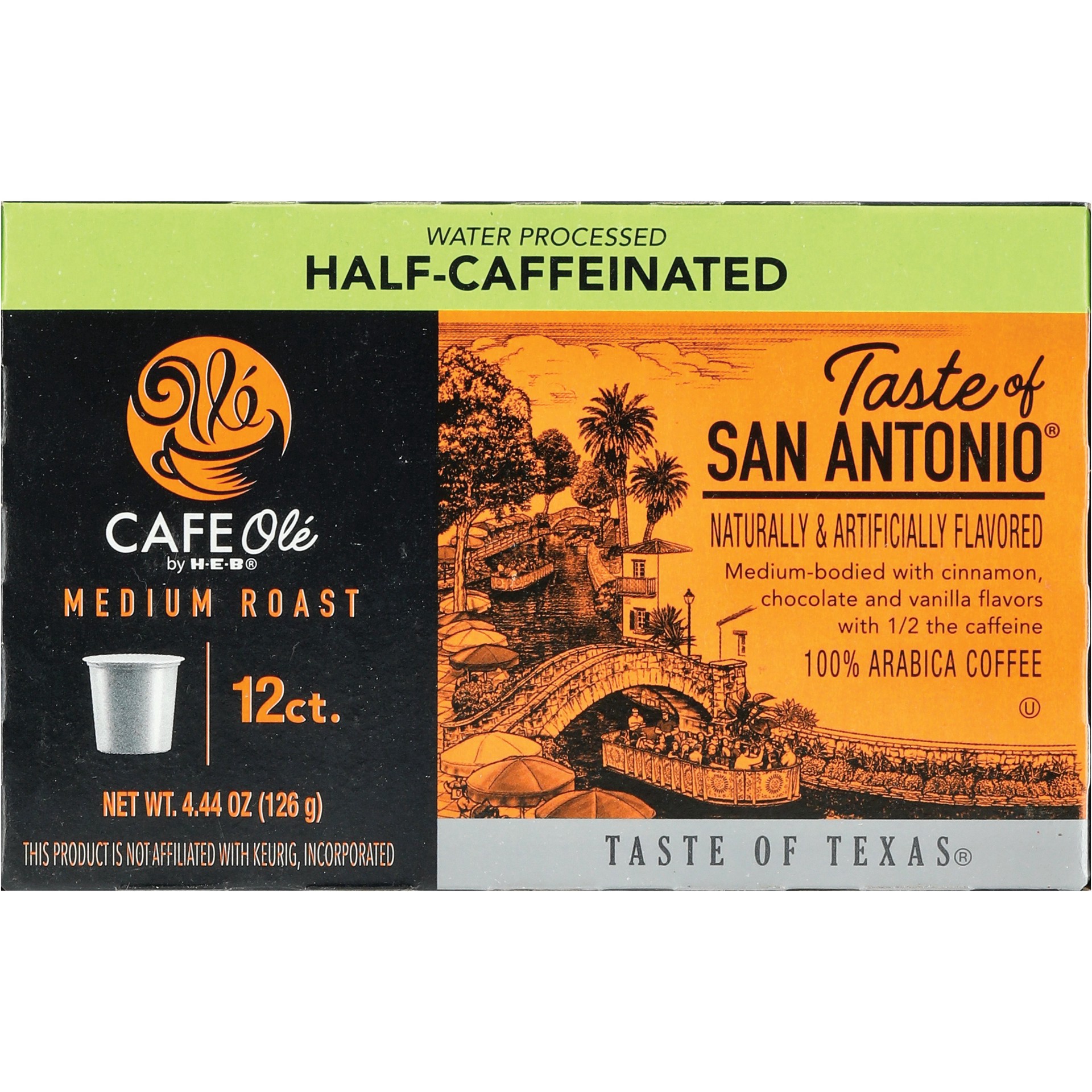 slide 1 of 1, CAFE Olé by H-E-B Half Caffeinated Taste of San Antonio Medium Roast Single Serve Pods, 12 ct