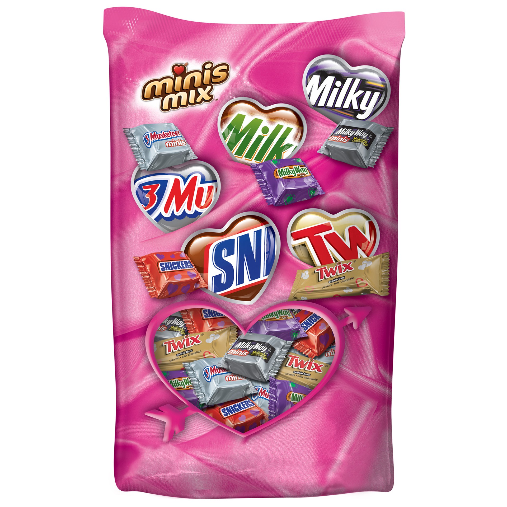 slide 1 of 6, Mixed TWIX, SNICKERS, 3 MUSKETEERS & MILKY WAY Valentine's Minis Size Candy Bars Variety Mix, 24 Oz, 24.89 oz