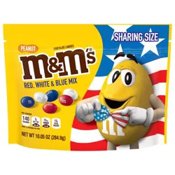 M&M'S Peanut Milk Chocolate Red, White & Blue Summer Candy, Sharing Size, 10.05 Oz Resealable Bag
