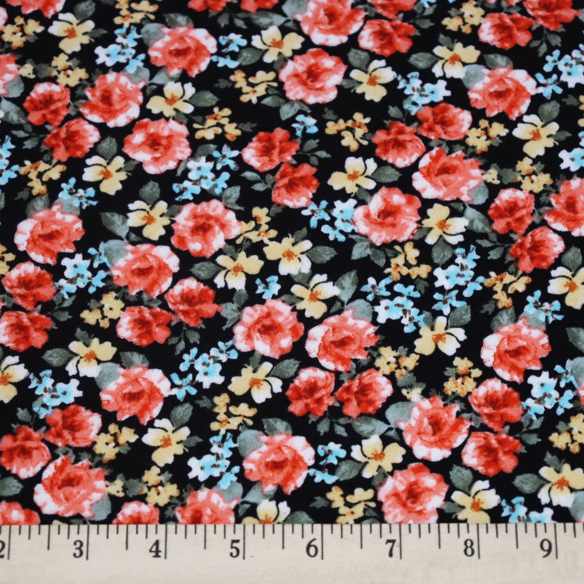 slide 2 of 3, Fabric Merchants Flowers On Black Double Brushed Stretch Fabric, 60 in