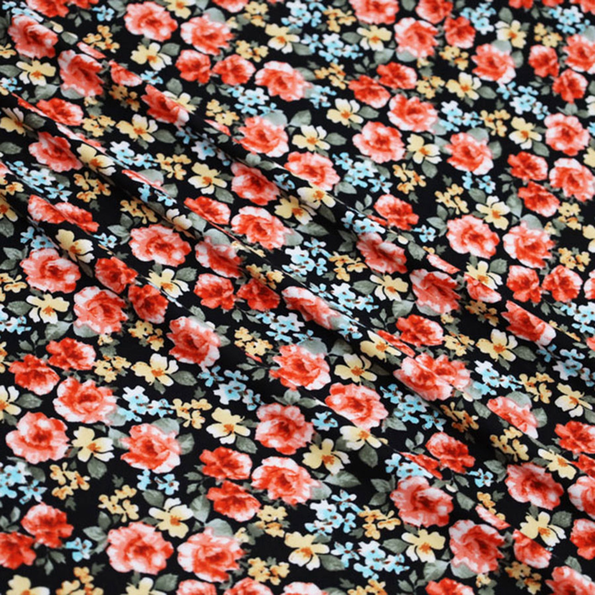 slide 3 of 3, Fabric Merchants Flowers On Black Double Brushed Stretch Fabric, 60 in