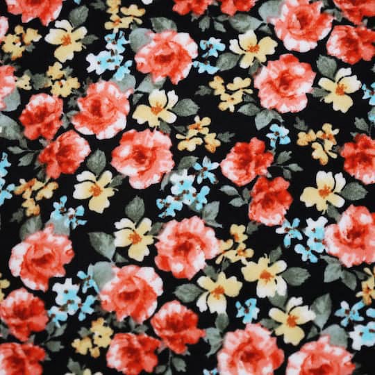 slide 1 of 3, Fabric Merchants Flowers On Black Double Brushed Stretch Fabric, 60 in