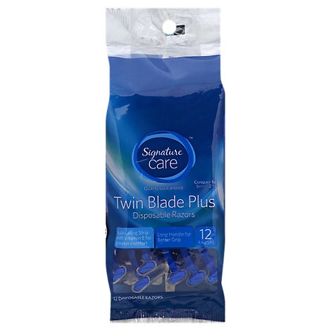 slide 1 of 1, Signature Care Razor Disposable Twin Blade Plus With Lubricating Strip, 12 ct