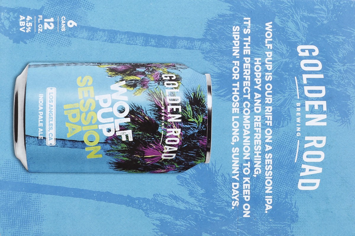 slide 4 of 6, Golden Road Wolf Pup Session IPA is a highly drinkable beer from Los Angeles with a light body and a wildly aromatic tropical and citrus character. It is brewed with five different hops and four different malts. It has a 45 IBU rating and 4.8% ABV., 6 ct; 12 oz