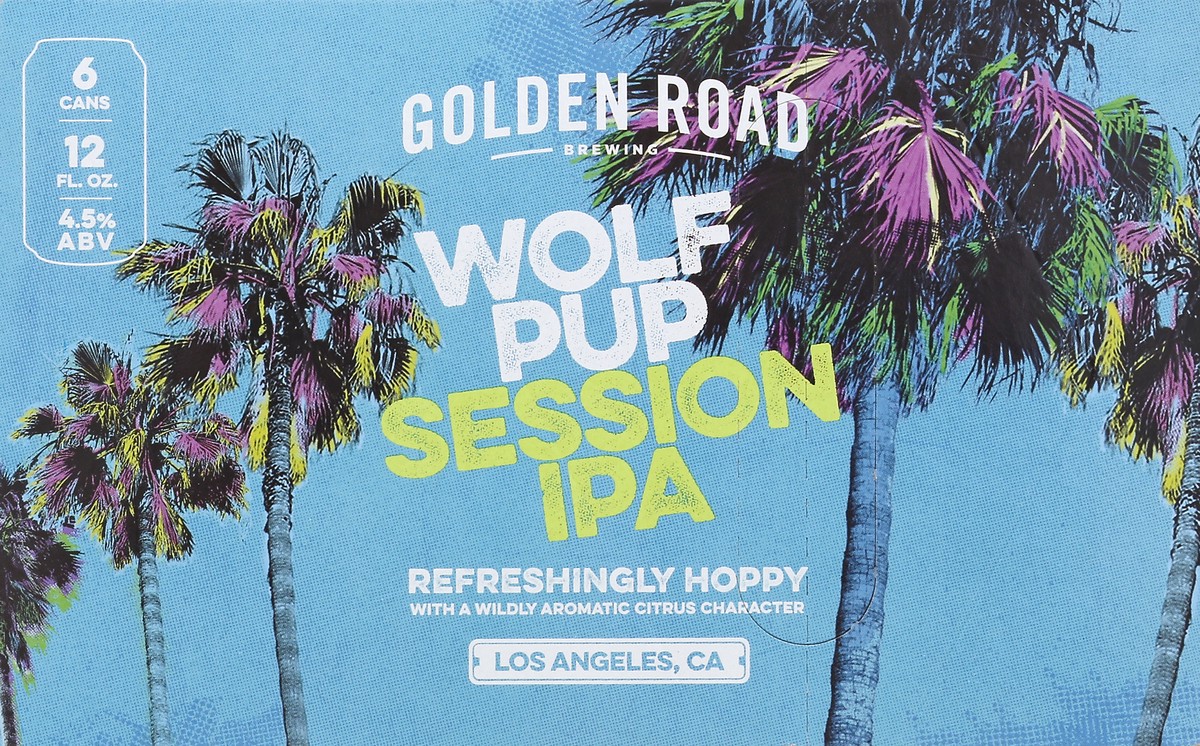 slide 6 of 6, Golden Road Wolf Pup Session IPA is a highly drinkable beer from Los Angeles with a light body and a wildly aromatic tropical and citrus character. It is brewed with five different hops and four different malts. It has a 45 IBU rating and 4.8% ABV., 6 ct; 12 oz