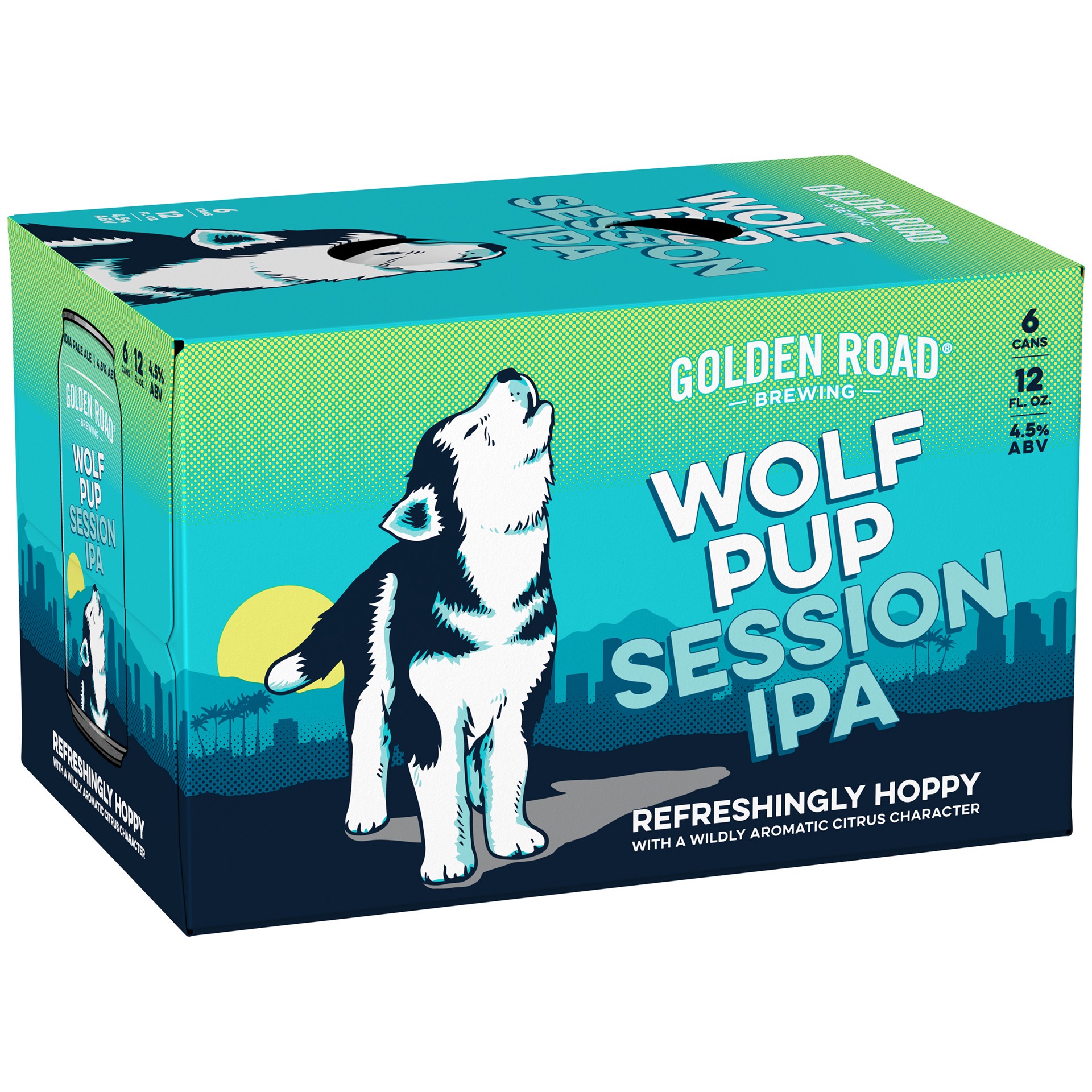 slide 1 of 6, Golden Road Wolf Pup Session IPA is a highly drinkable beer from Los Angeles with a light body and a wildly aromatic tropical and citrus character. It is brewed with five different hops and four different malts. It has a 45 IBU rating and 4.8% ABV., 6 ct; 12 oz