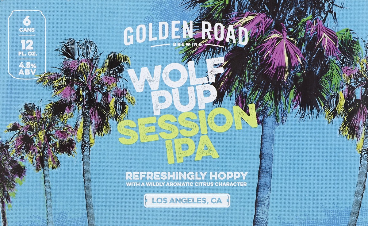 slide 3 of 6, Golden Road Wolf Pup Session IPA is a highly drinkable beer from Los Angeles with a light body and a wildly aromatic tropical and citrus character. It is brewed with five different hops and four different malts. It has a 45 IBU rating and 4.8% ABV., 6 ct; 12 oz