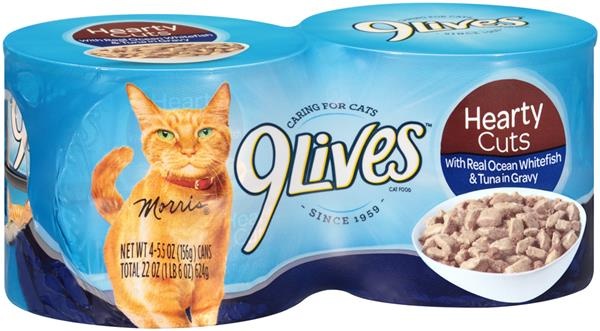 slide 1 of 1, 9Lives Wet Hearty Cuts With Real Ocean Whitefish & Tuna In Gravy Wet Cat Food, 4 ct; 5.5 oz