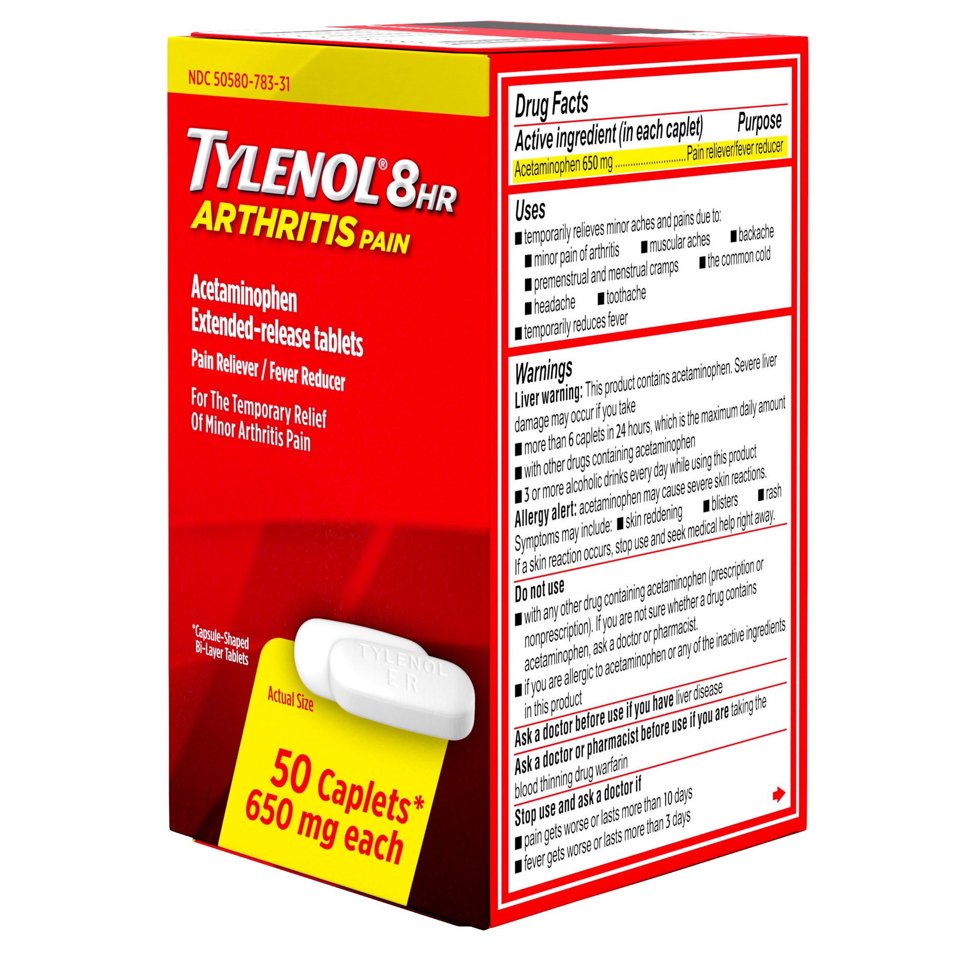 slide 4 of 9, Tylenol 8 HR Arthritis Pain Extended Release Caplets, 650 mg, 50 Count, 50 ct