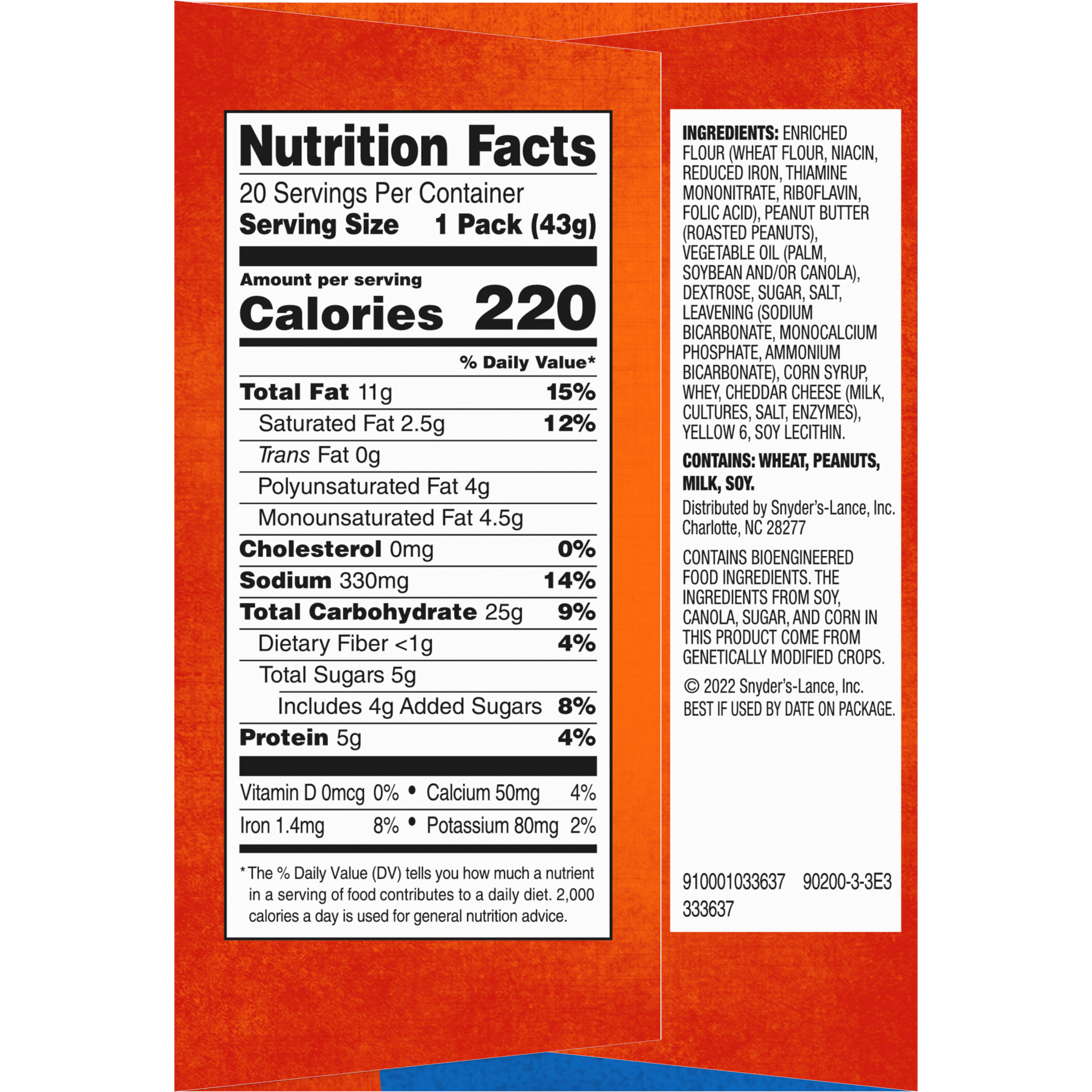 slide 5 of 5, Lance Sandwich Crackers, ToastChee Peanut Butter, 20 Individually Wrapped Packs, 6 Sandwiches Each, 20 ct