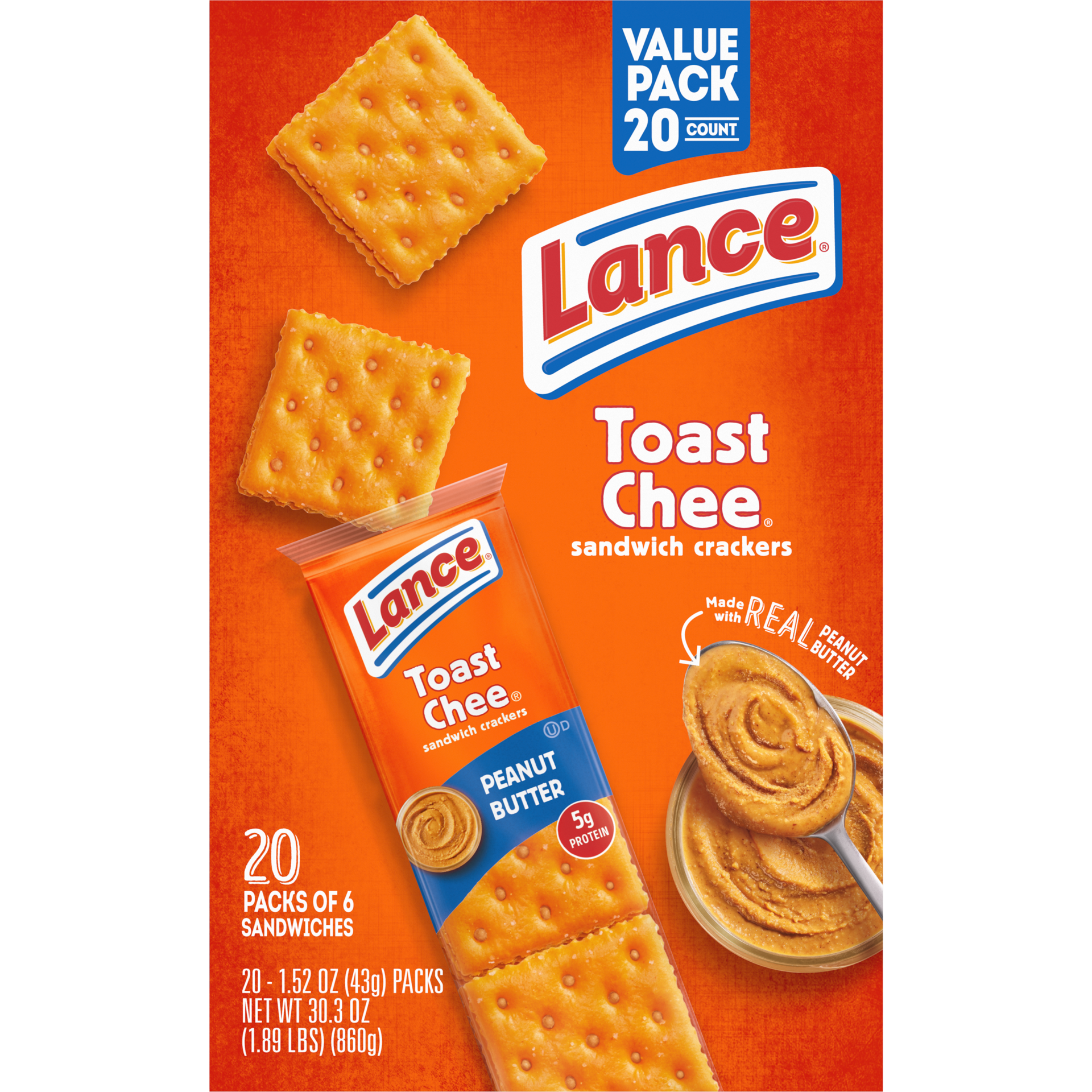 slide 2 of 5, Lance Sandwich Crackers, ToastChee Peanut Butter, 20 Individually Wrapped Packs, 6 Sandwiches Each, 20 ct