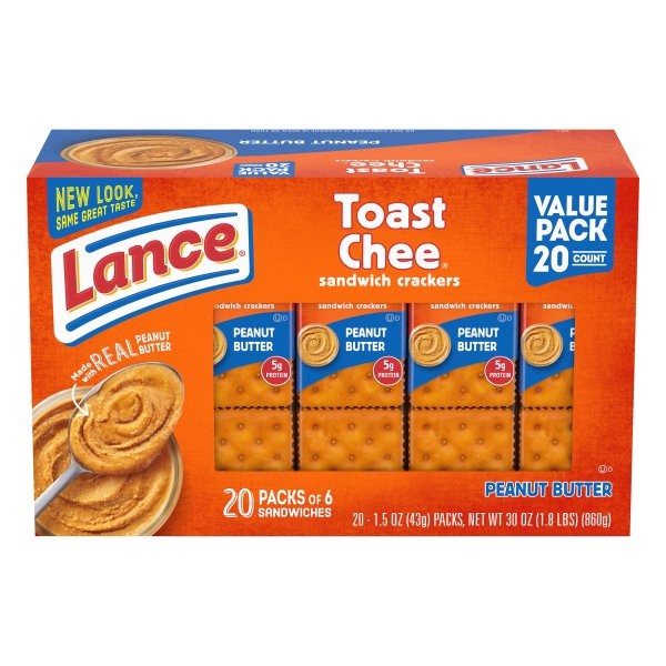 slide 1 of 5, Lance Sandwich Crackers, ToastChee Peanut Butter, 20 Individually Wrapped Packs, 6 Sandwiches Each, 20 ct