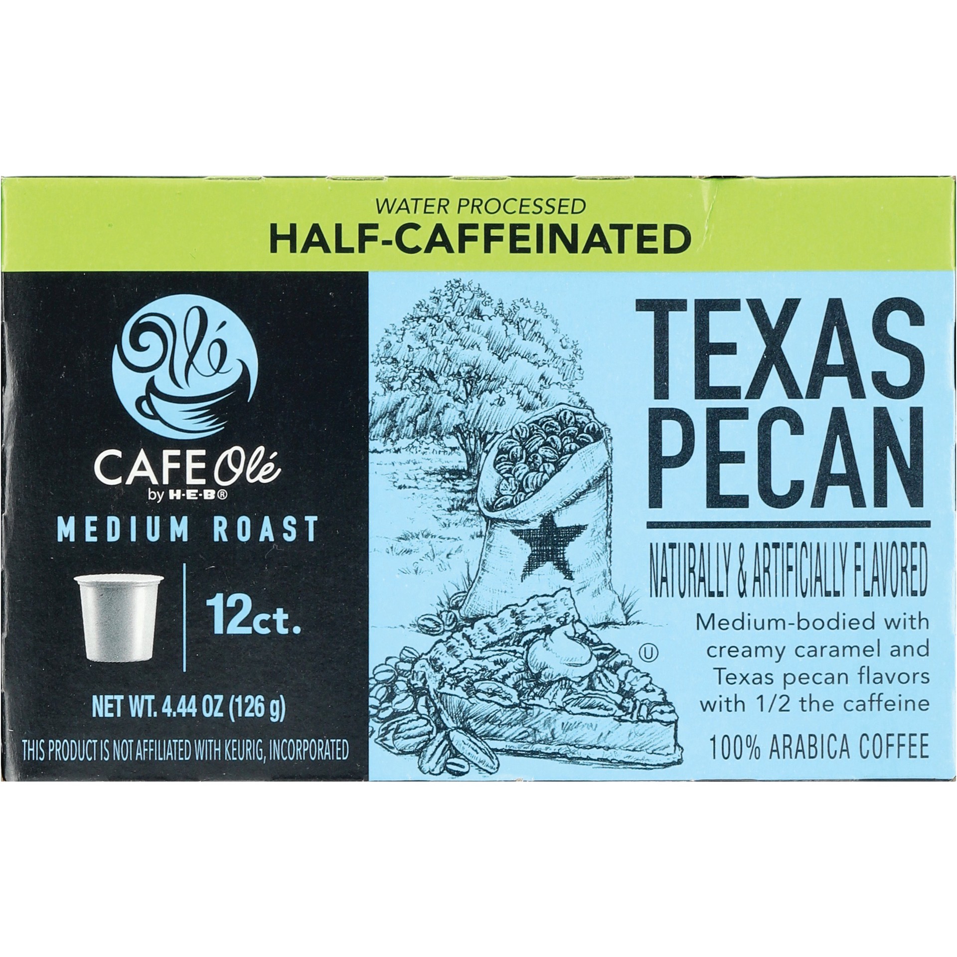 slide 1 of 1, CAFE Olé by H-E-B Half Caffeinated Texas Pecan Medium Roast Single Serve Pods, 12 ct