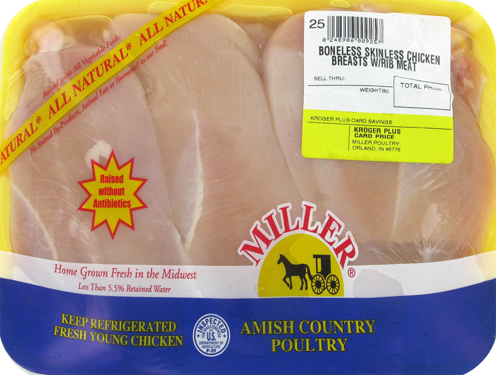 slide 1 of 1, Miller Boneless Skinless Chicken Breasts With Rib Meat 3 Per Pack, per lb