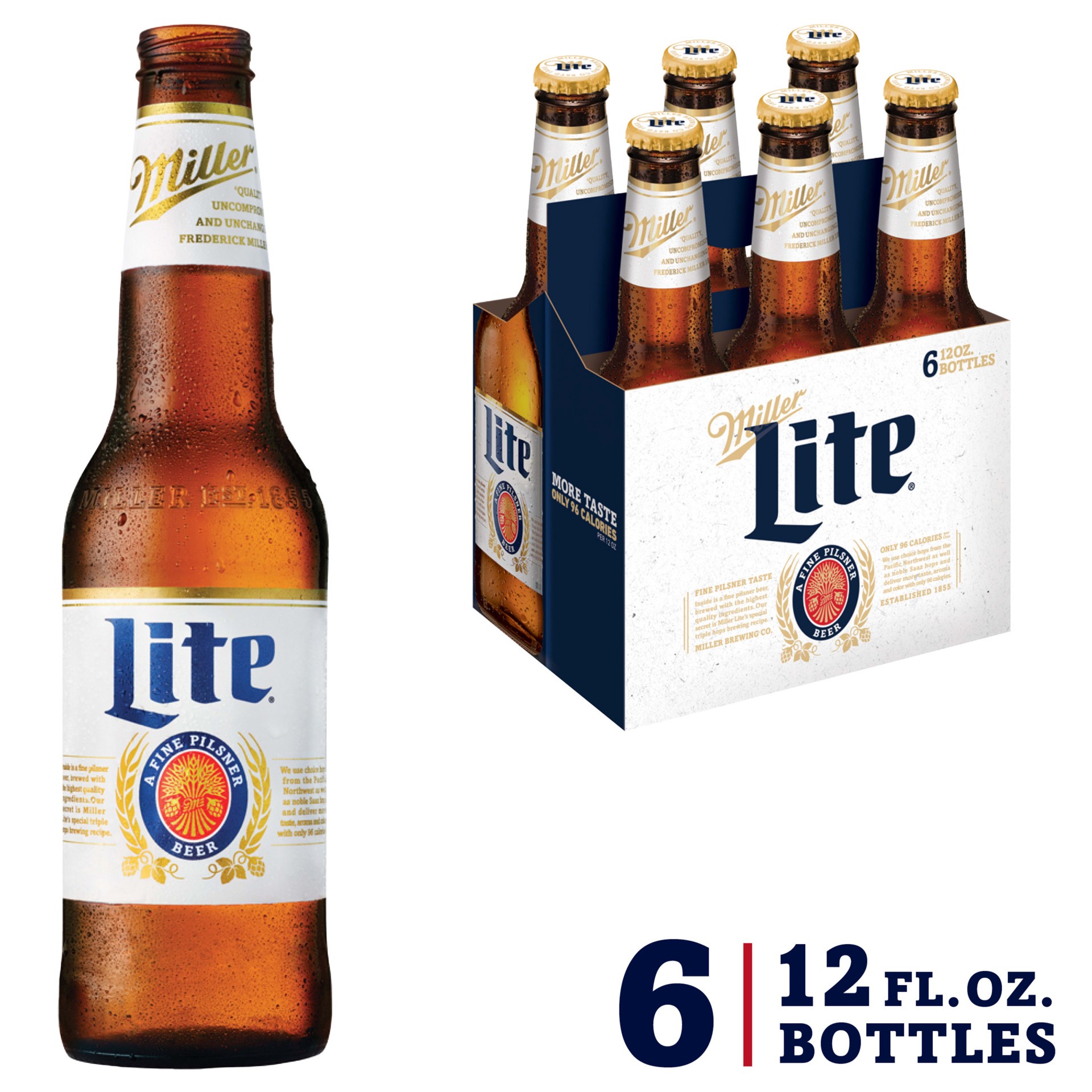 slide 1 of 29, Miller Lite American Pilsner Light Lager Beer, 4.2% ABV, 6-pack, 12-oz. beer bottles, 6 oz