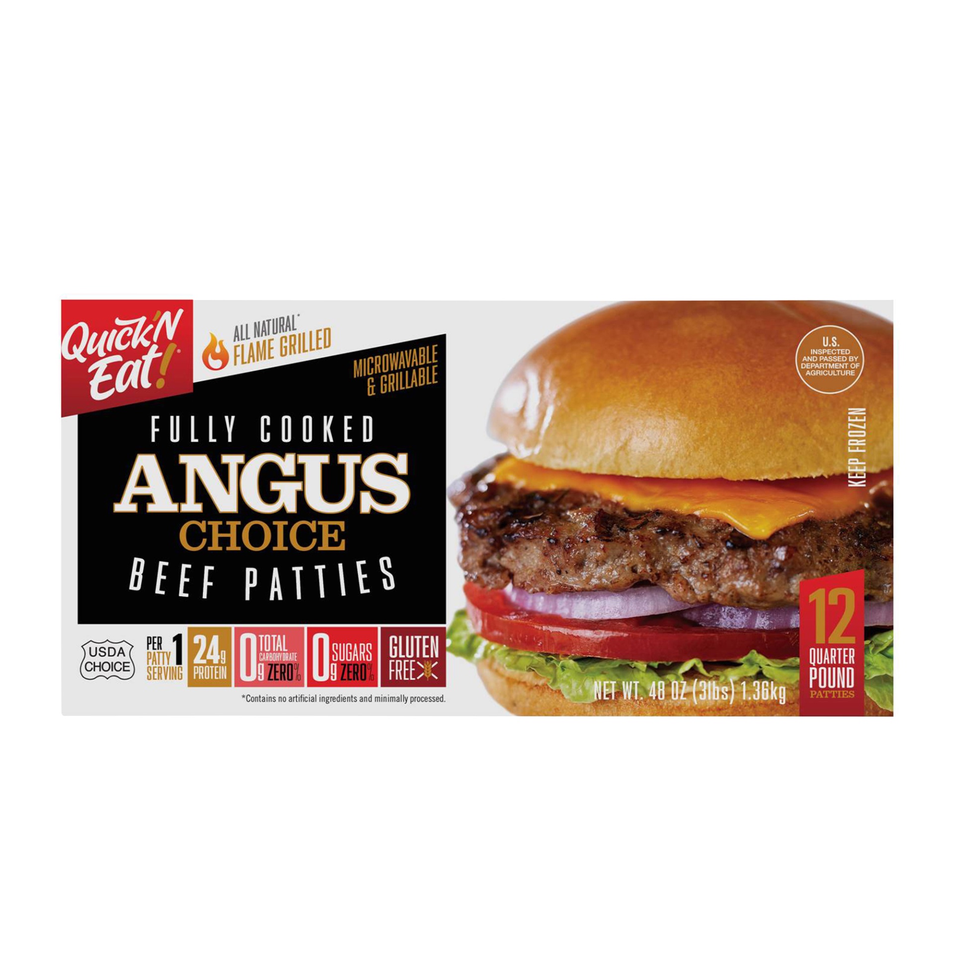 slide 1 of 1, Quick'n Eat Cooked Angus Burgers, 48 oz