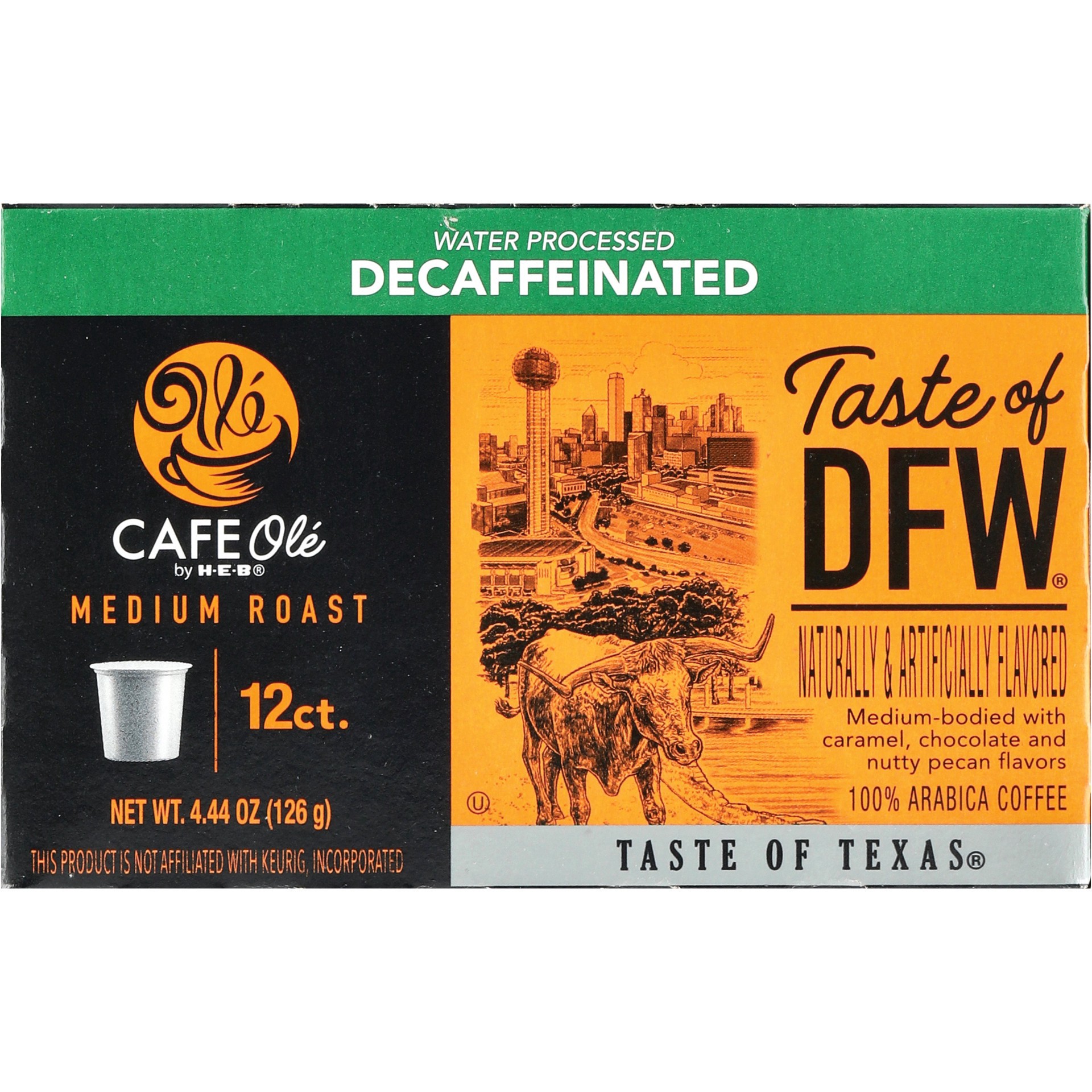 slide 1 of 1, CAFE Olé by H-E-B Decaf Taste Of DFW Medium Roast Single Serve Pods, 12 ct