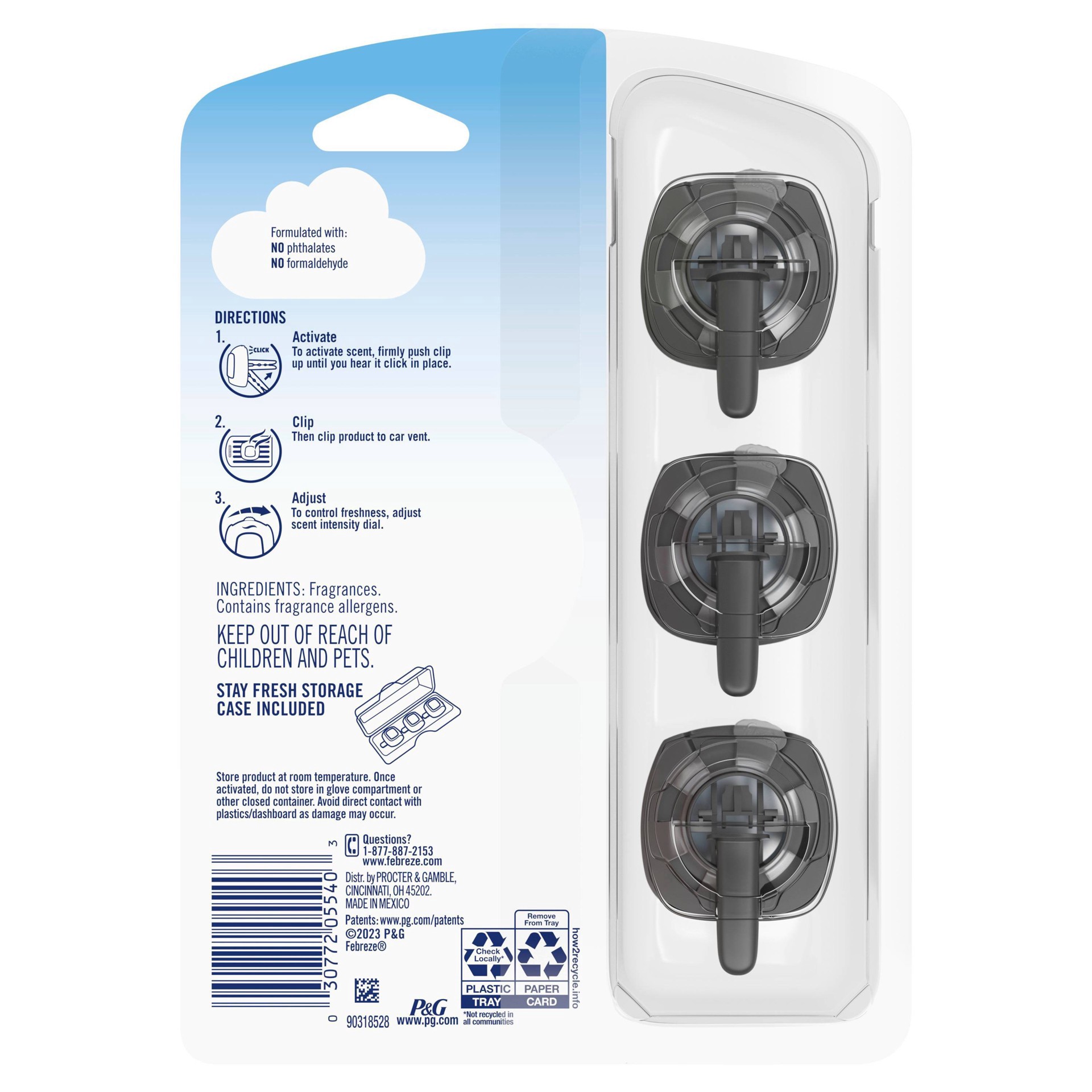 slide 6 of 6, Febreze Car Air Freshener, Odor-Fighting Automotive Vent Clip, Mixed Gain Scent, 3 Count, 3 ct