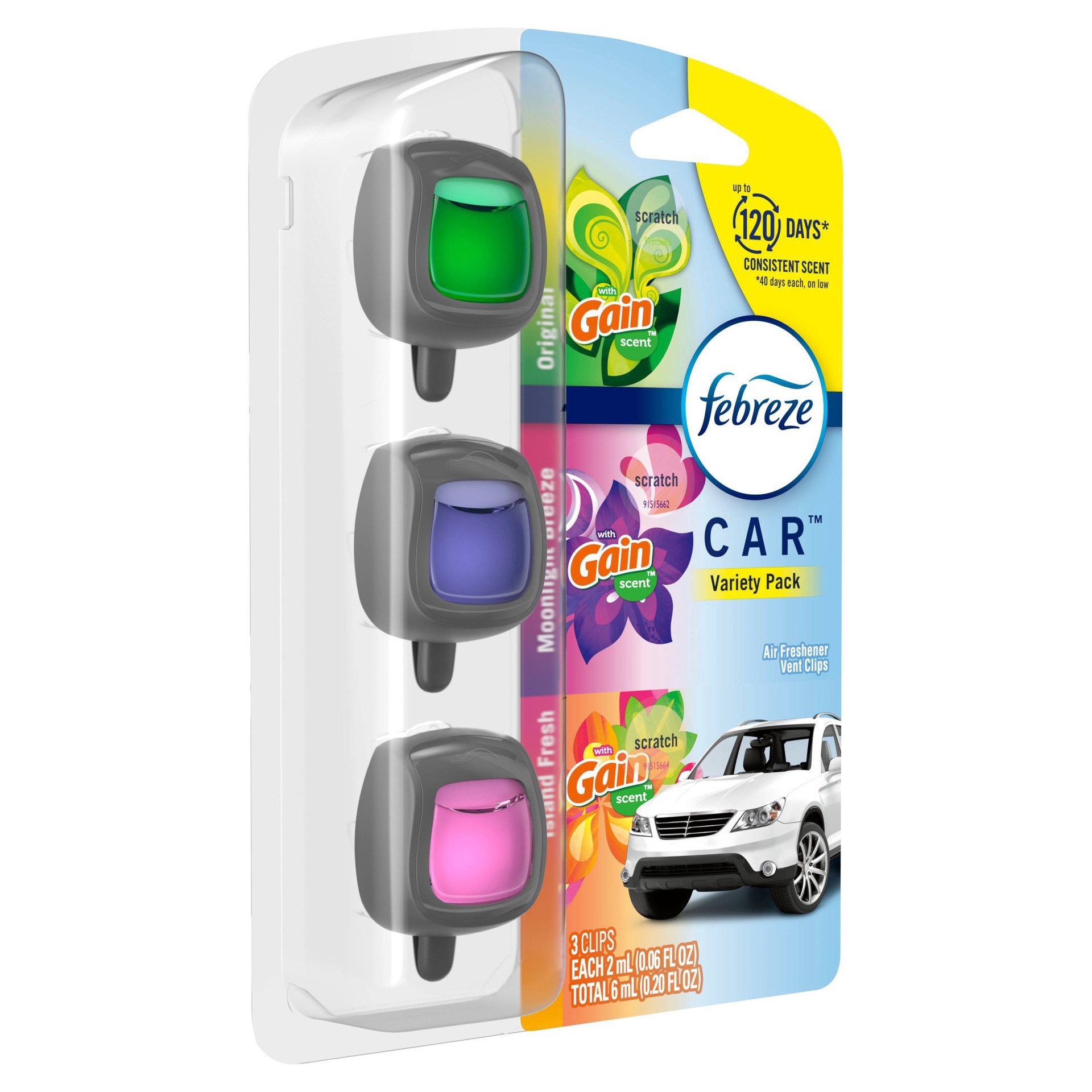 slide 3 of 6, Febreze Car Air Freshener, Odor-Fighting Automotive Vent Clip, Mixed Gain Scent, 3 Count, 3 ct