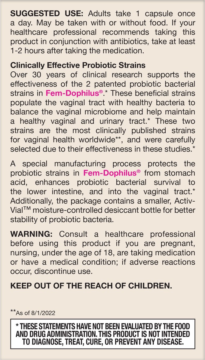 slide 5 of 6, Jarrow Formulas Fem-Dophilus Vaginal Probiotics 1 Billion CFU With 2 Science-Backed Strains, Dietary Supplement For Vaginal & Urinary Tract Support, 60 Capsules, 60 Day Supply, Shelf-Stable Probiotics, 60 ct