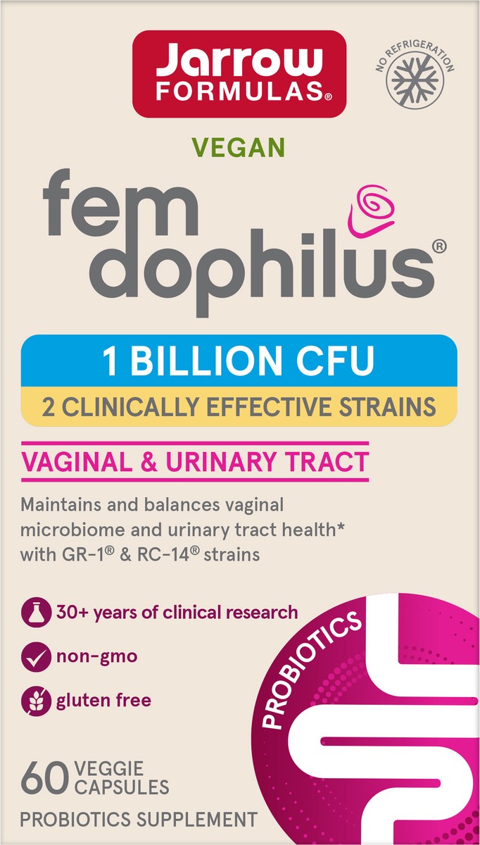 slide 3 of 6, Jarrow Formulas Fem-Dophilus Vaginal Probiotics 1 Billion CFU With 2 Science-Backed Strains, Dietary Supplement For Vaginal & Urinary Tract Support, 60 Capsules, 60 Day Supply, Shelf-Stable Probiotics, 60 ct