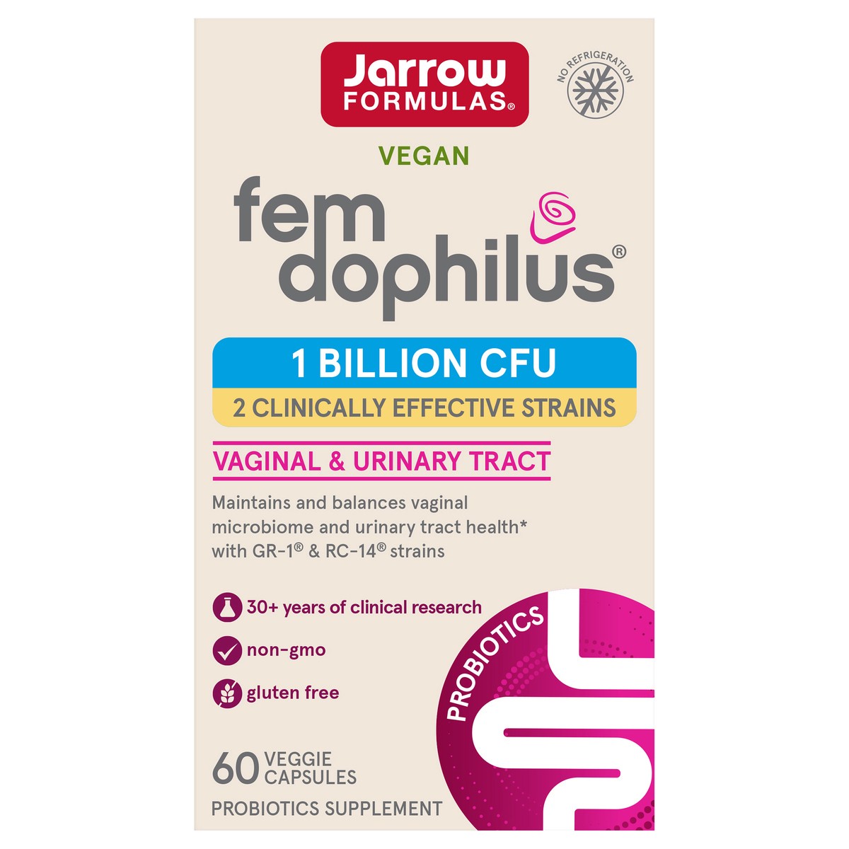 slide 6 of 6, Jarrow Formulas Fem-Dophilus Vaginal Probiotics 1 Billion CFU With 2 Science-Backed Strains, Dietary Supplement For Vaginal & Urinary Tract Support, 60 Capsules, 60 Day Supply, Shelf-Stable Probiotics, 60 ct