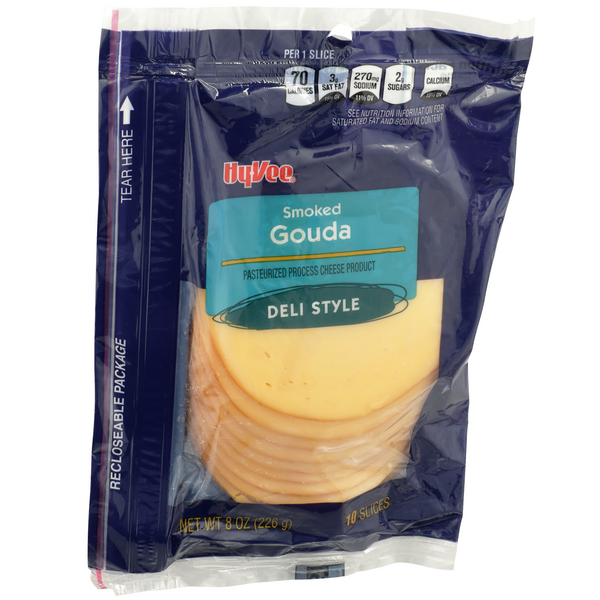 slide 1 of 1, Hy-vee Smoked Gouda Pasteurized Process Cheese Product Deli Style Slices, 10 ct; 8 oz