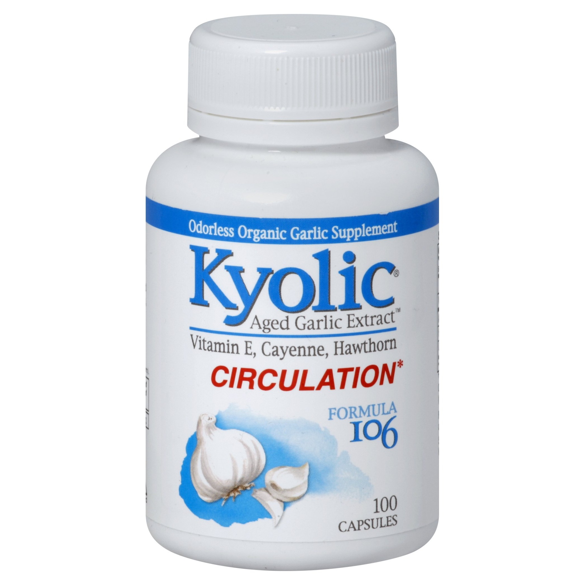 slide 1 of 1, Kyolic Odorless Aged Garlic Extract Vitamin E, Cayenne, Hawthorne Circulation Formula 106 Capsules, 100 ct