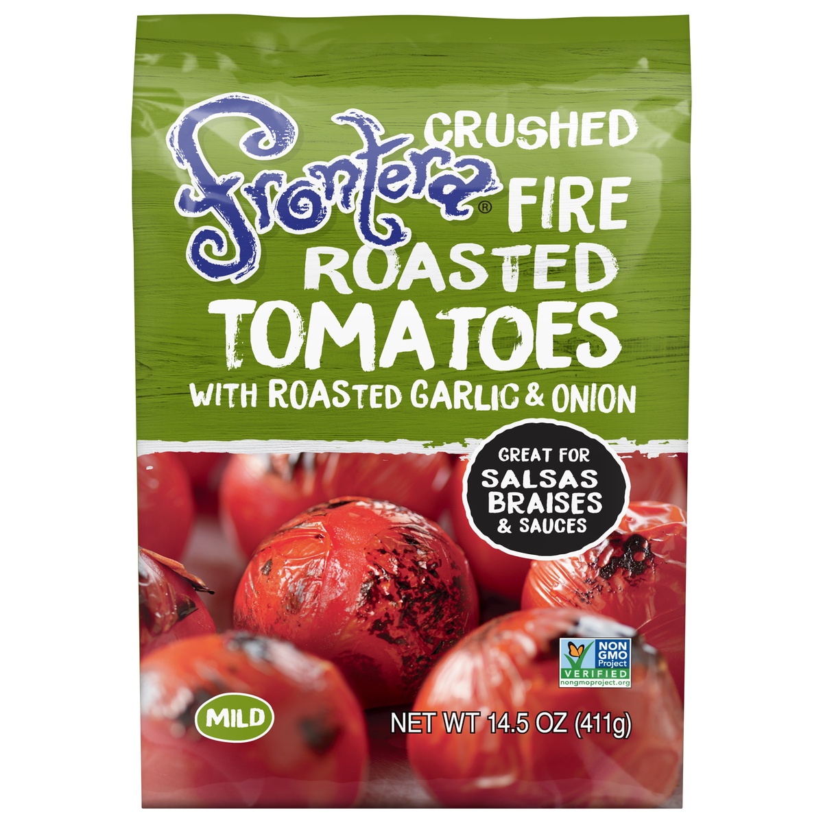 slide 1 of 1, Frontera Crushed Fire-Roasted Tomatoes with Roasted Garlic + Onion Mild, 14.5 oz
