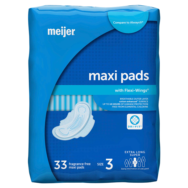 slide 12 of 21, Meijer Extra Long Super Maxi Pads with Flexi-Wings, 33 ct