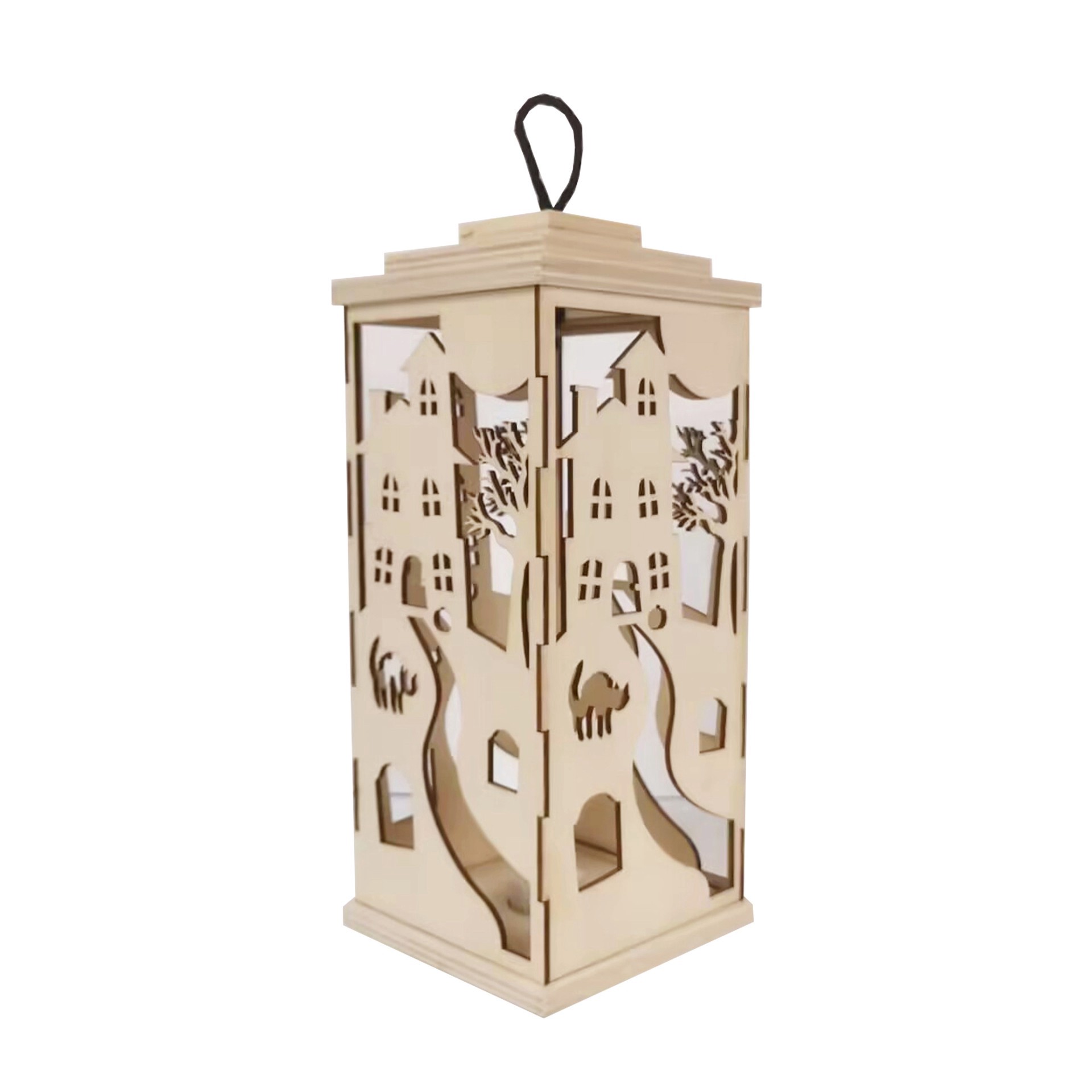 slide 3 of 4, 10" Diy Led Haunted House Wood Lantern Decor By Make Market, 4.25 in x 4.25 in x 10 in