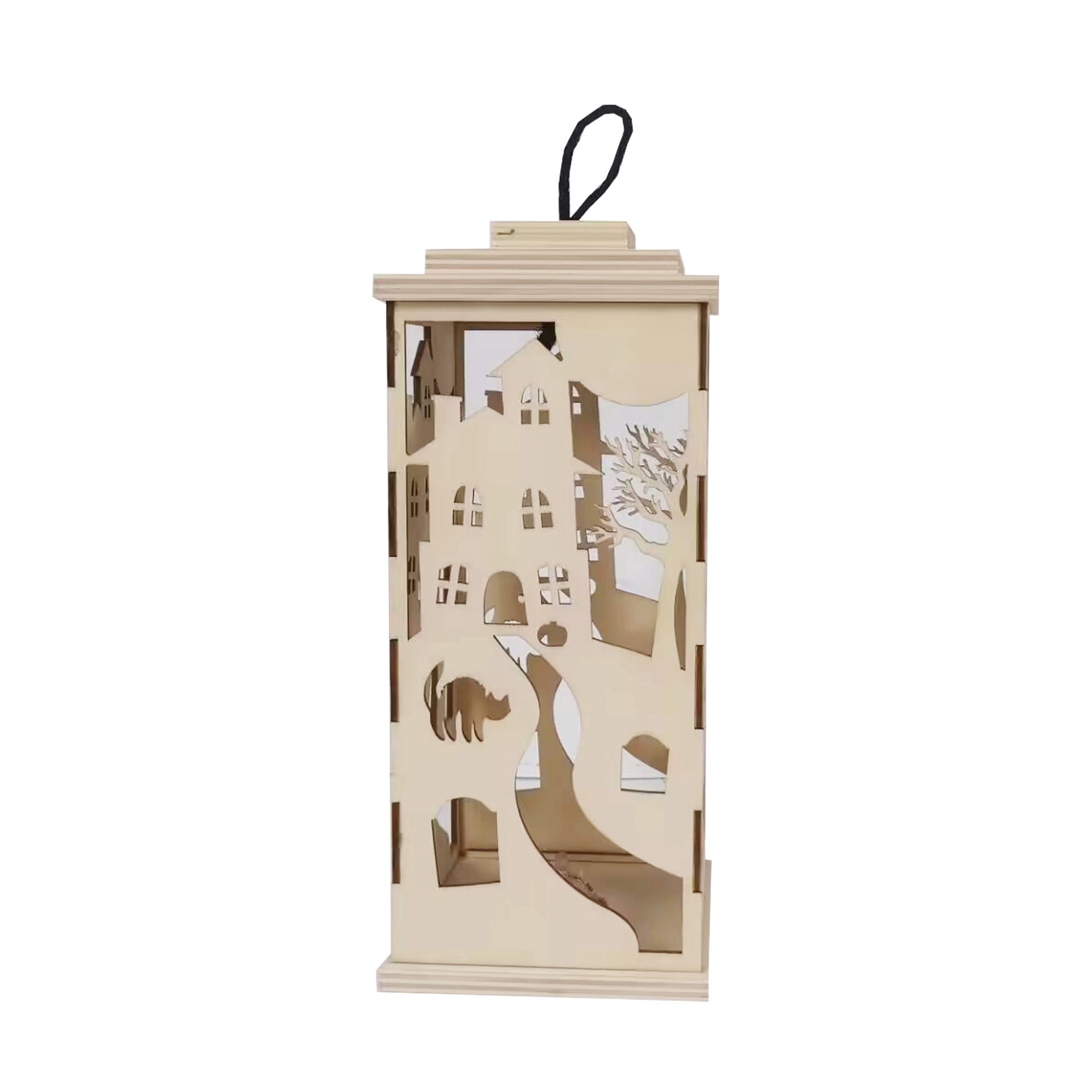 slide 4 of 4, 10" Diy Led Haunted House Wood Lantern Decor By Make Market, 4.25 in x 4.25 in x 10 in