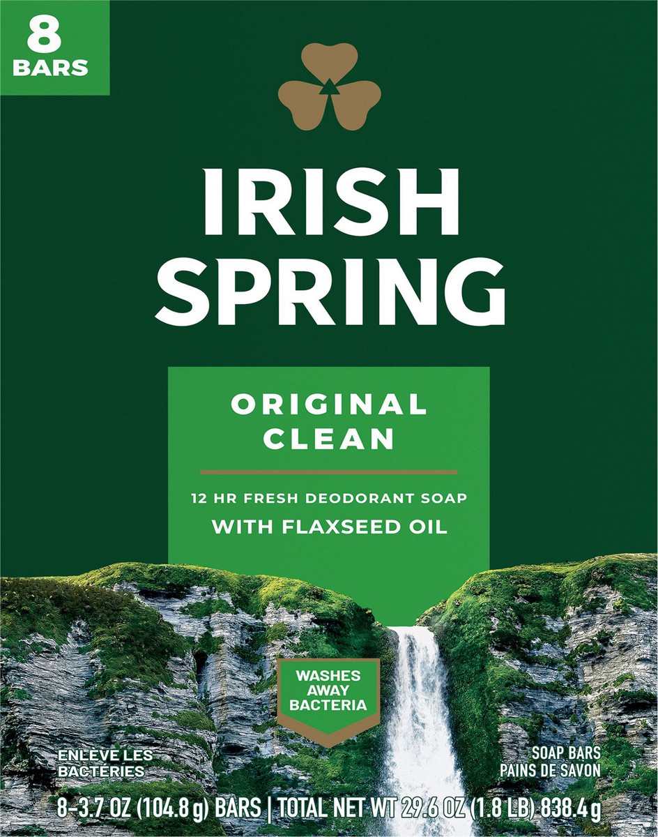 slide 5 of 7, Irish Spring Original Clean Deodorant Bar Soap for Men, 3.7 oz, 8 Pack, 3.7 oz