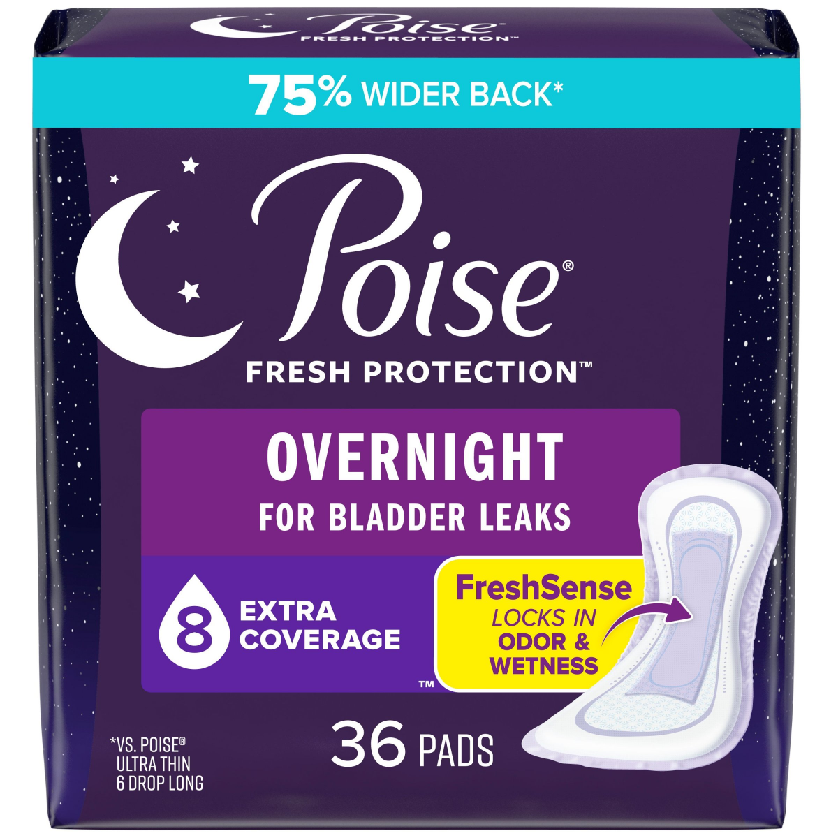 slide 1 of 9, Poise Overnight Incontinence & Postpartum Pads for Bladder Leaks, 8 Drop Extra Coverage, 36 Count, 36 ct