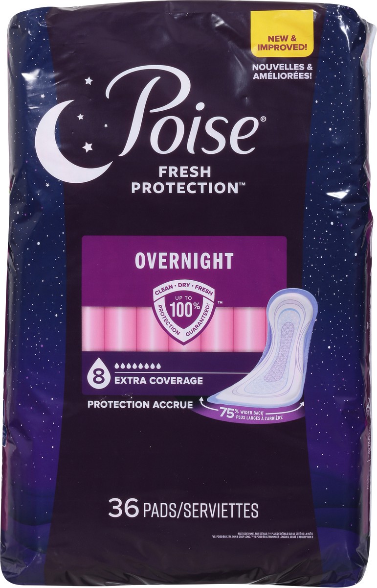 slide 2 of 9, Poise Overnight Incontinence & Postpartum Pads for Bladder Leaks, 8 Drop Extra Coverage, 36 Count, 36 ct