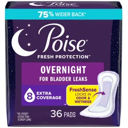 Poise Overnight Incontinence & Postpartum Pads for Bladder Leaks, 8 Drop Extra Coverage, 36 Count