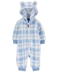 Carter's Baby Plaid Hooded Fuzzy Jumpsuit Blue/White NB