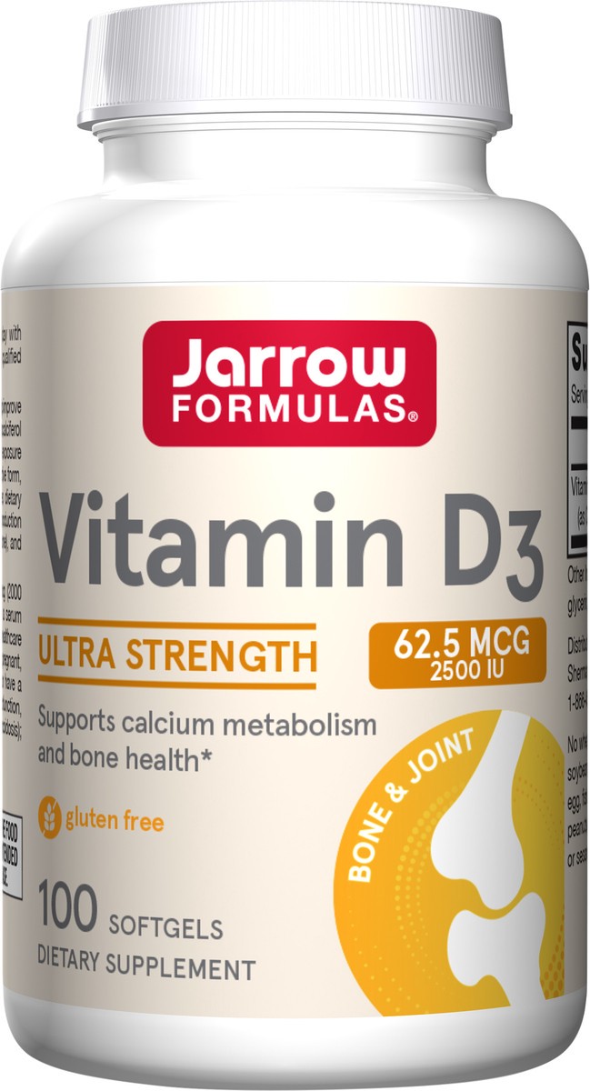 slide 3 of 4, Jarrow Formulas Vitamin D3 Ultra Strength 2500 IU (62.5 mcg) - 100 Servings (Softgels) - Supports Calcium Metabolism, Bone Health & Immune Response - Dietary Supplement - Gluten Free, 100 ct