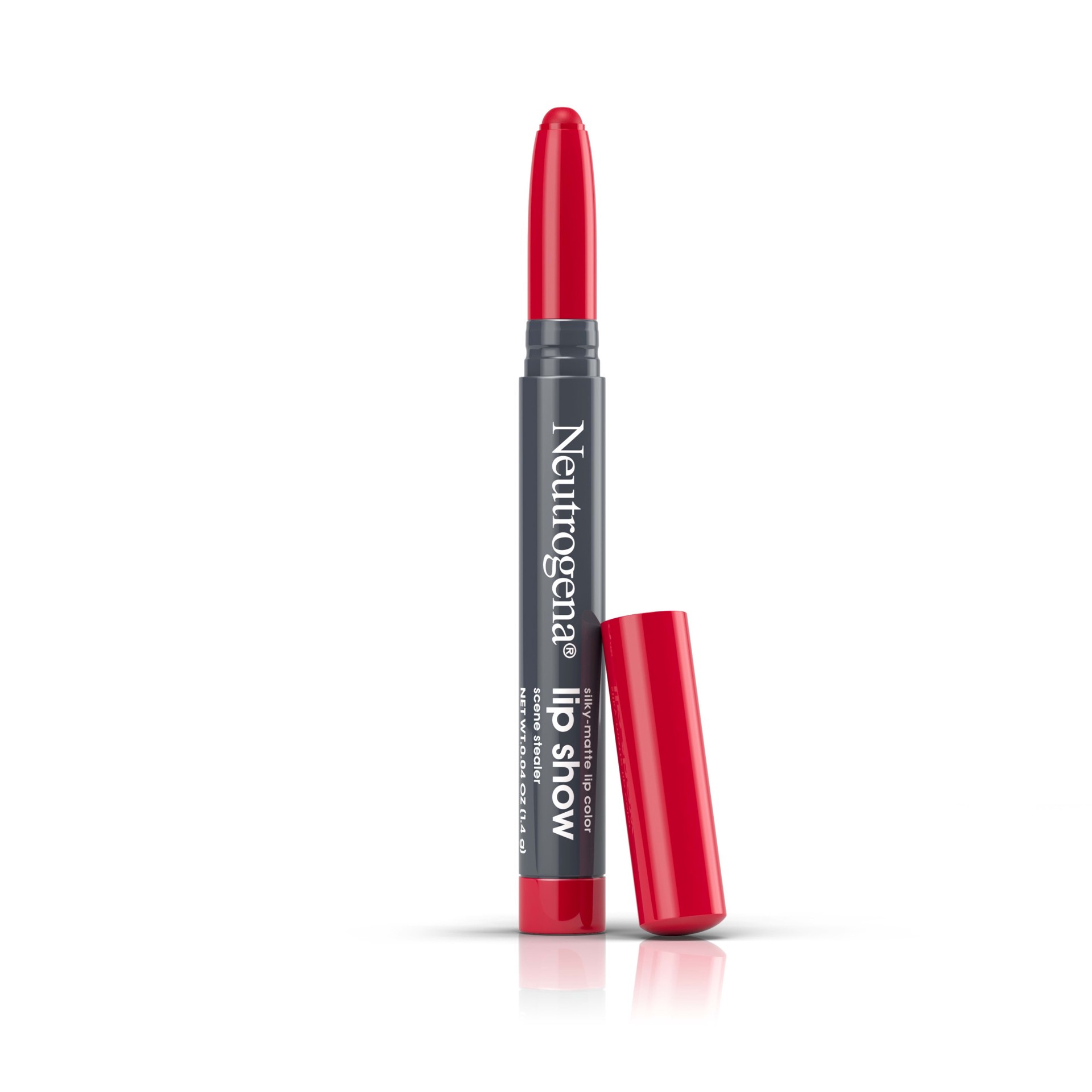 slide 5 of 5, Neutrogena Lip Show Silky Matte Lip Color, High Pigment Lip Crayon Stick with Sharpener, Long Lasting and Conditioning Silky Rich Red Shade Scene Stealer 03, 0.04 oz, 0.04 oz