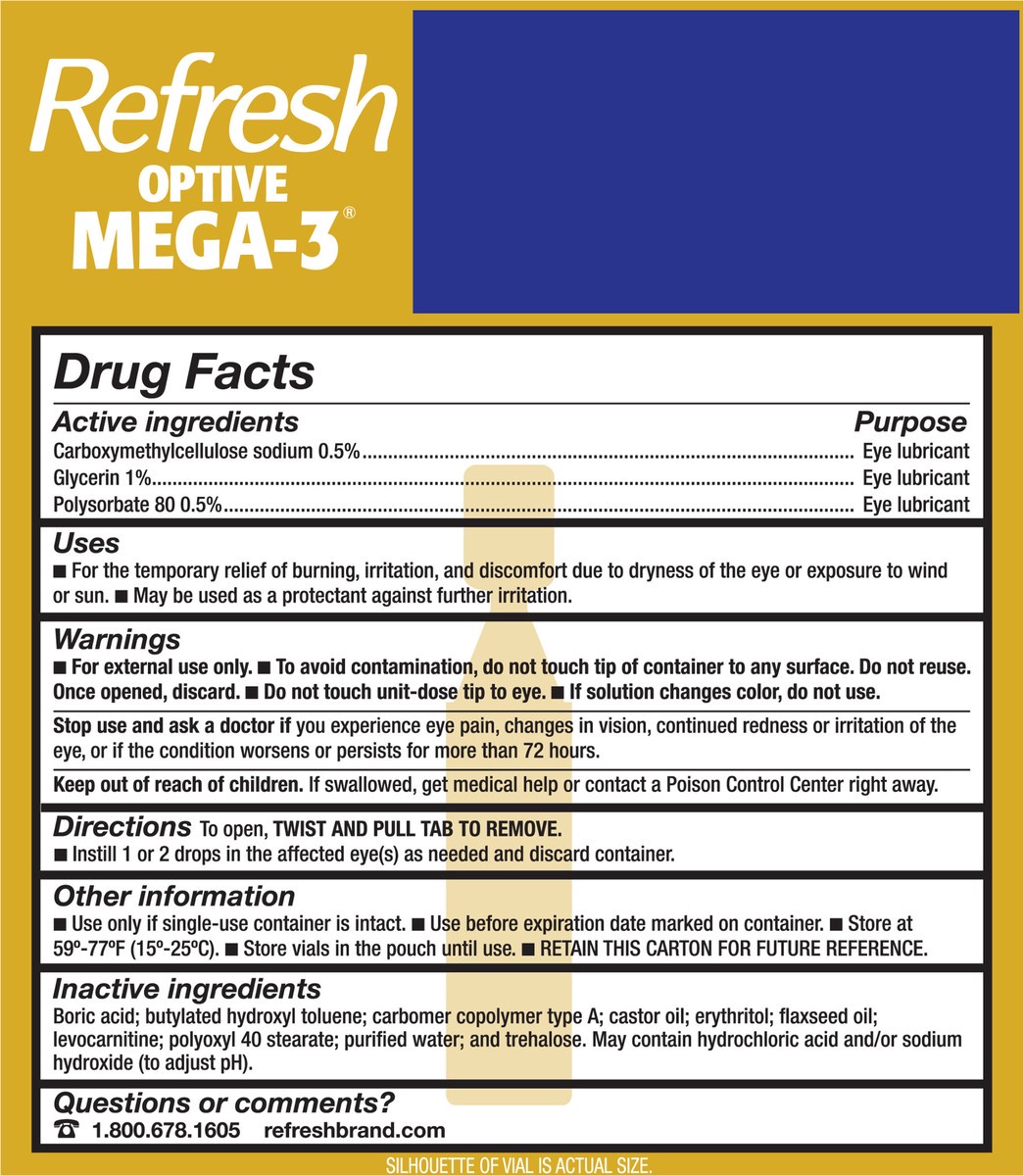 slide 3 of 5, Refresh Optive Mega-3 Lubricant Eye Drops Non-Preserved Tears, 60 Single-Use Containers, 0.01 fl oz (0.4 mL), 0.40 mL