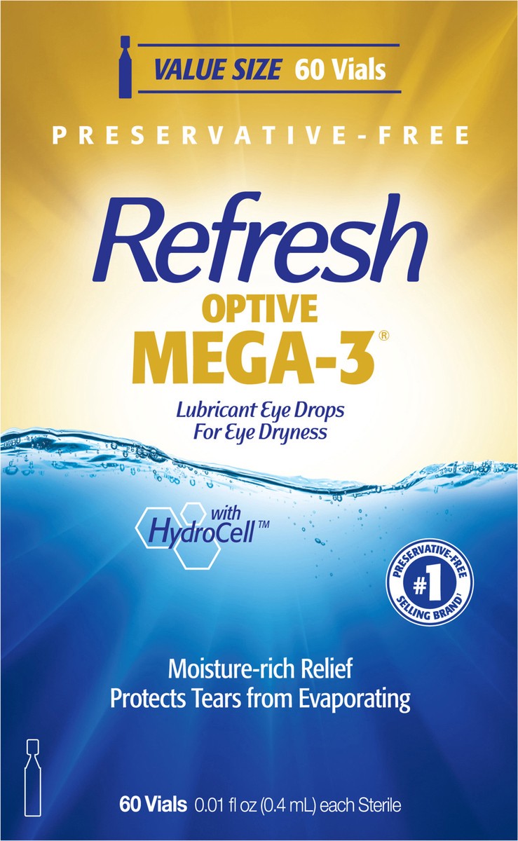 slide 5 of 5, Refresh Optive Mega-3 Lubricant Eye Drops Non-Preserved Tears, 60 Single-Use Containers, 0.01 fl oz (0.4 mL), 0.40 mL