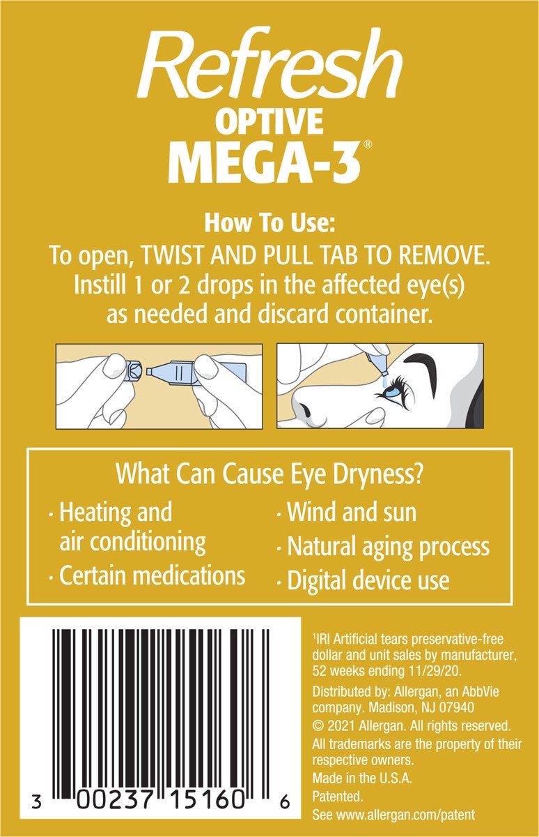 slide 4 of 5, Refresh Optive Mega-3 Lubricant Eye Drops Non-Preserved Tears, 60 Single-Use Containers, 0.01 fl oz (0.4 mL), 0.40 mL