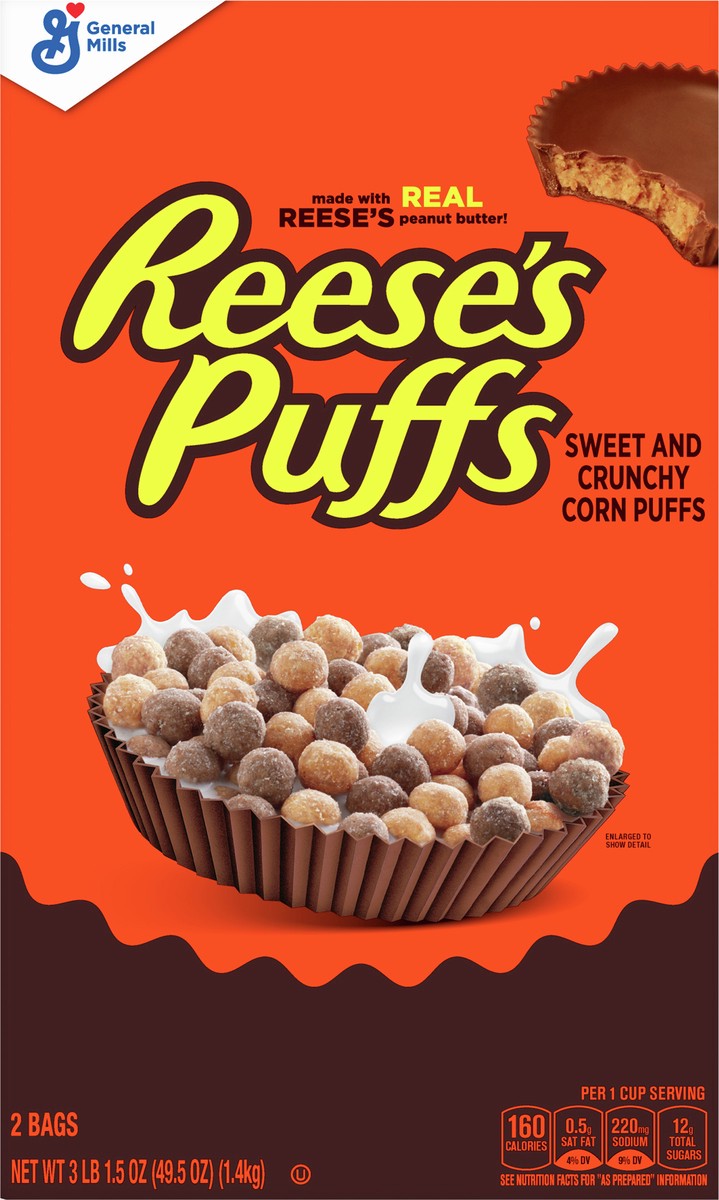 slide 8 of 13, Reese's Puffs REESE''S PUFFS Chocolatey Peanut Butter Cereal, Kid Breakfast Cereal, 49.5 oz (2 Pack), 2 ct