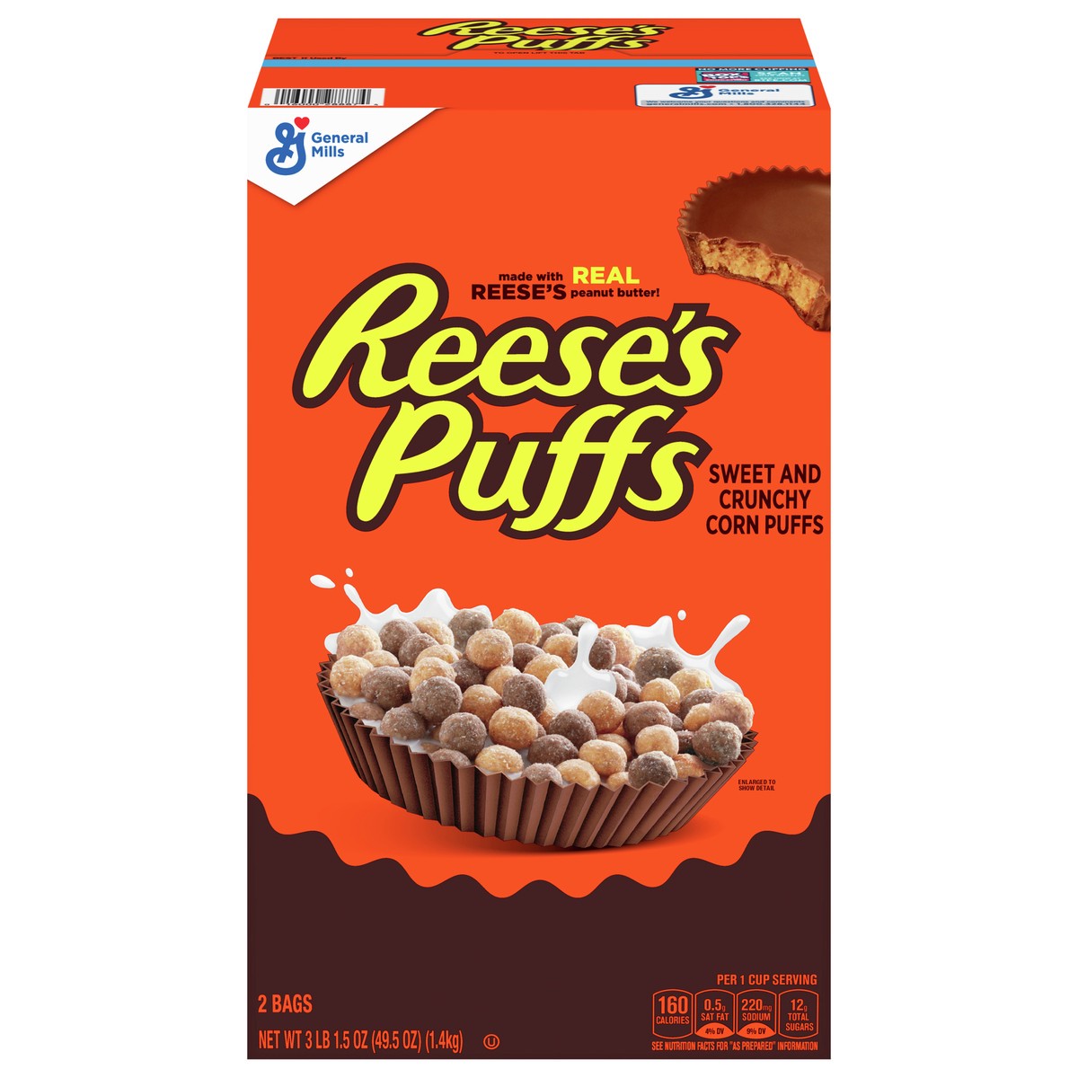 slide 2 of 13, Reese's Puffs REESE''S PUFFS Chocolatey Peanut Butter Cereal, Kid Breakfast Cereal, 49.5 oz (2 Pack), 2 ct