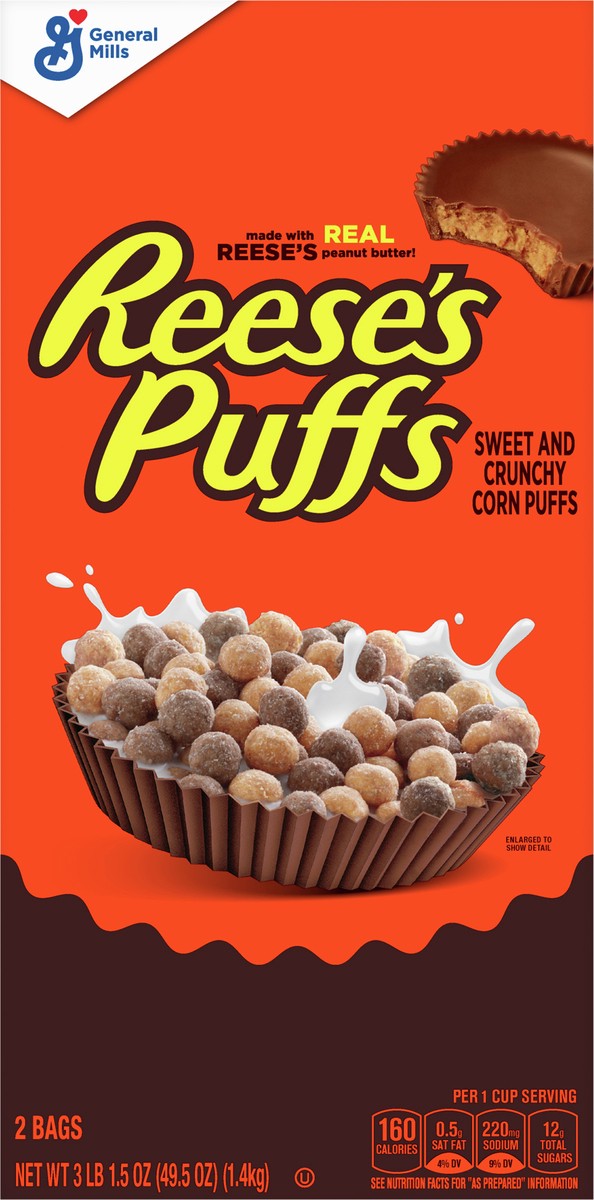 slide 10 of 13, Reese's Puffs REESE''S PUFFS Chocolatey Peanut Butter Cereal, Kid Breakfast Cereal, 49.5 oz (2 Pack), 2 ct