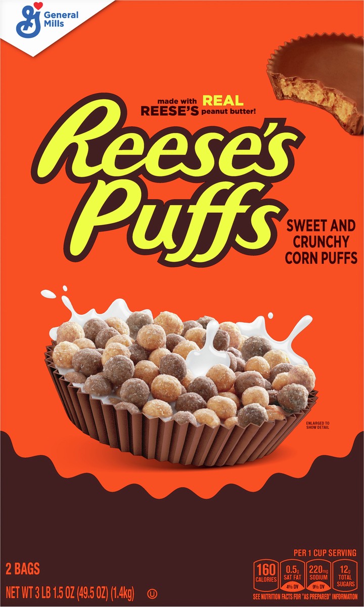 slide 5 of 13, Reese's Puffs REESE''S PUFFS Chocolatey Peanut Butter Cereal, Kid Breakfast Cereal, 49.5 oz (2 Pack), 2 ct