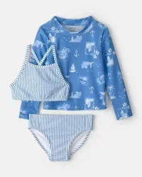 Carter's Toddler Girl 3-Piece Sailboat Long-Sleeve Rashguard Swimsuit Set - Blue, 5T