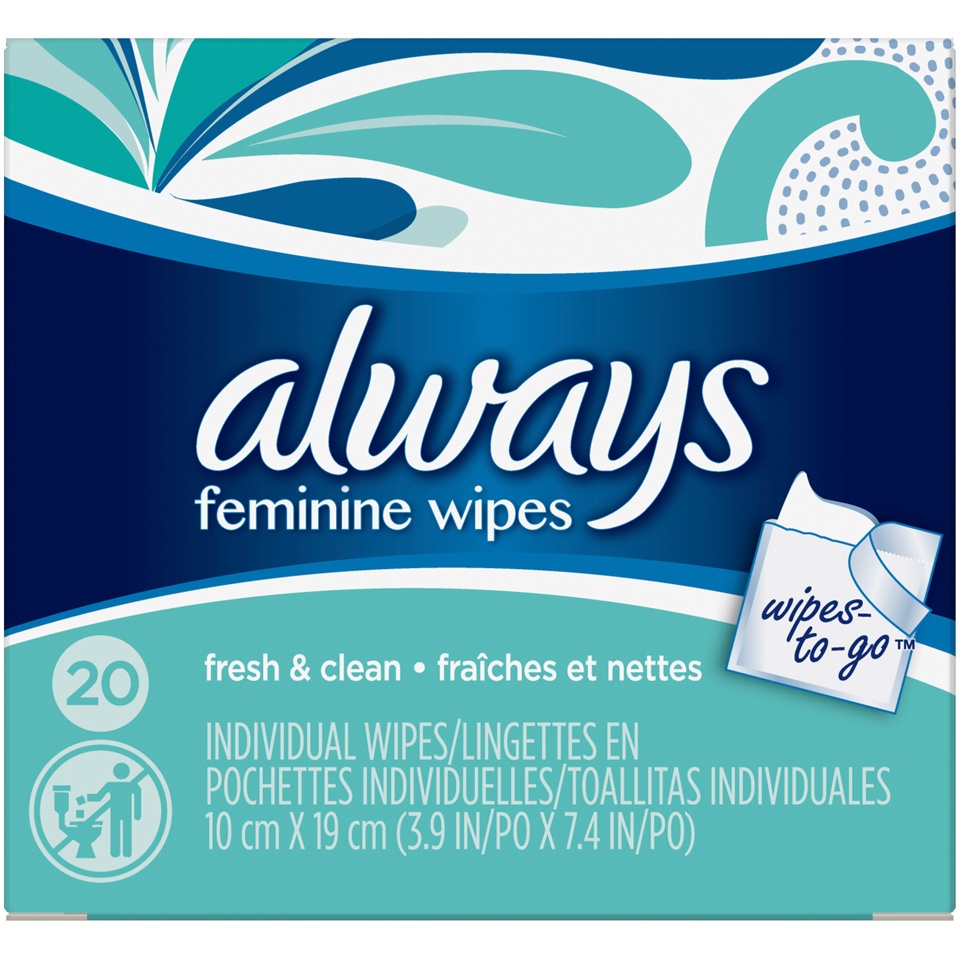 slide 1 of 1, Always Fresh & Clean Feminine Wipes, 20 ct