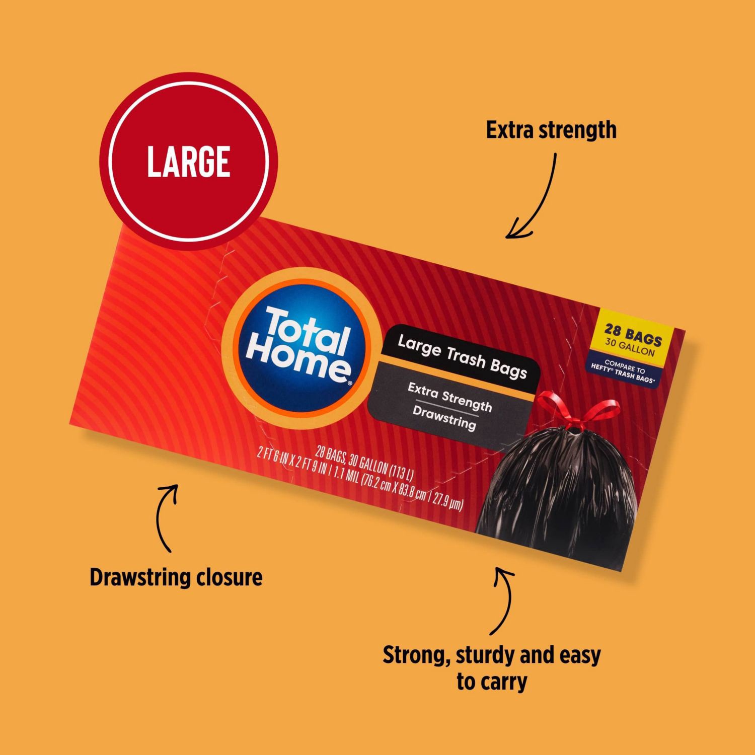 slide 4 of 5, Total Home 30 Gallon Drawstring Trash Bags, 28 Ct, 28 ct